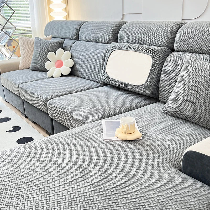 Jacquard Twill Elastic Sofa Slipcover – Stretch Furniture Protector for Home & Office Decor