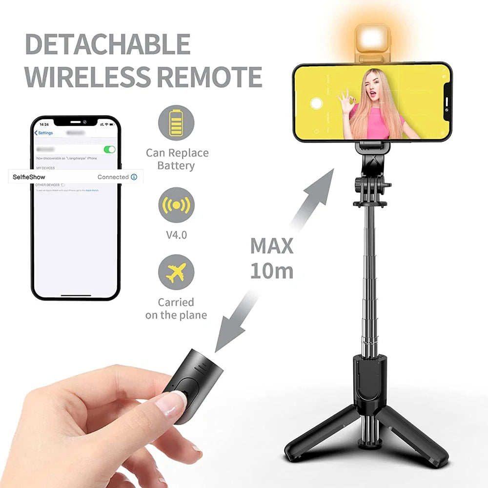 Wireless Bluetooth Selfie Stick Tripod with Fill Light & Remote – Foldable Portable Phone Stand for iPhone & Android