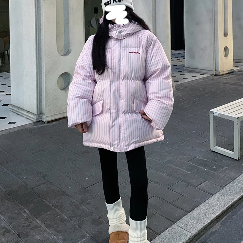 H250 Women’s Striped Quilted Cotton Coat – Hooded Loose Winter Overcoat 2025
