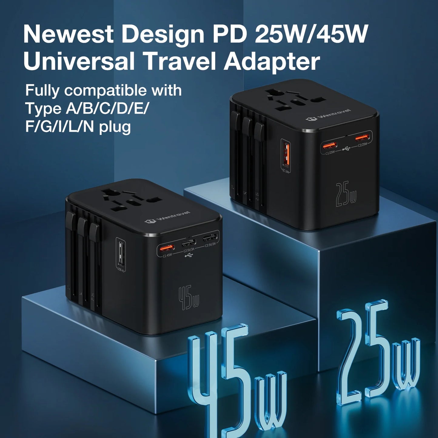 Universal 2500W Travel Adapter – 4 AC Outlets, 1 USB & 2 Type-C PD 25W Fast Charging EU/UK/US/AUS Plug