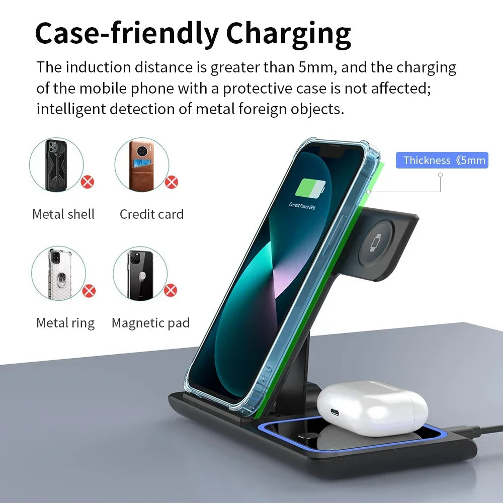 Foldable Wireless Charger Station for iPhone, Apple Watch & AirPods Fast Charging Dock