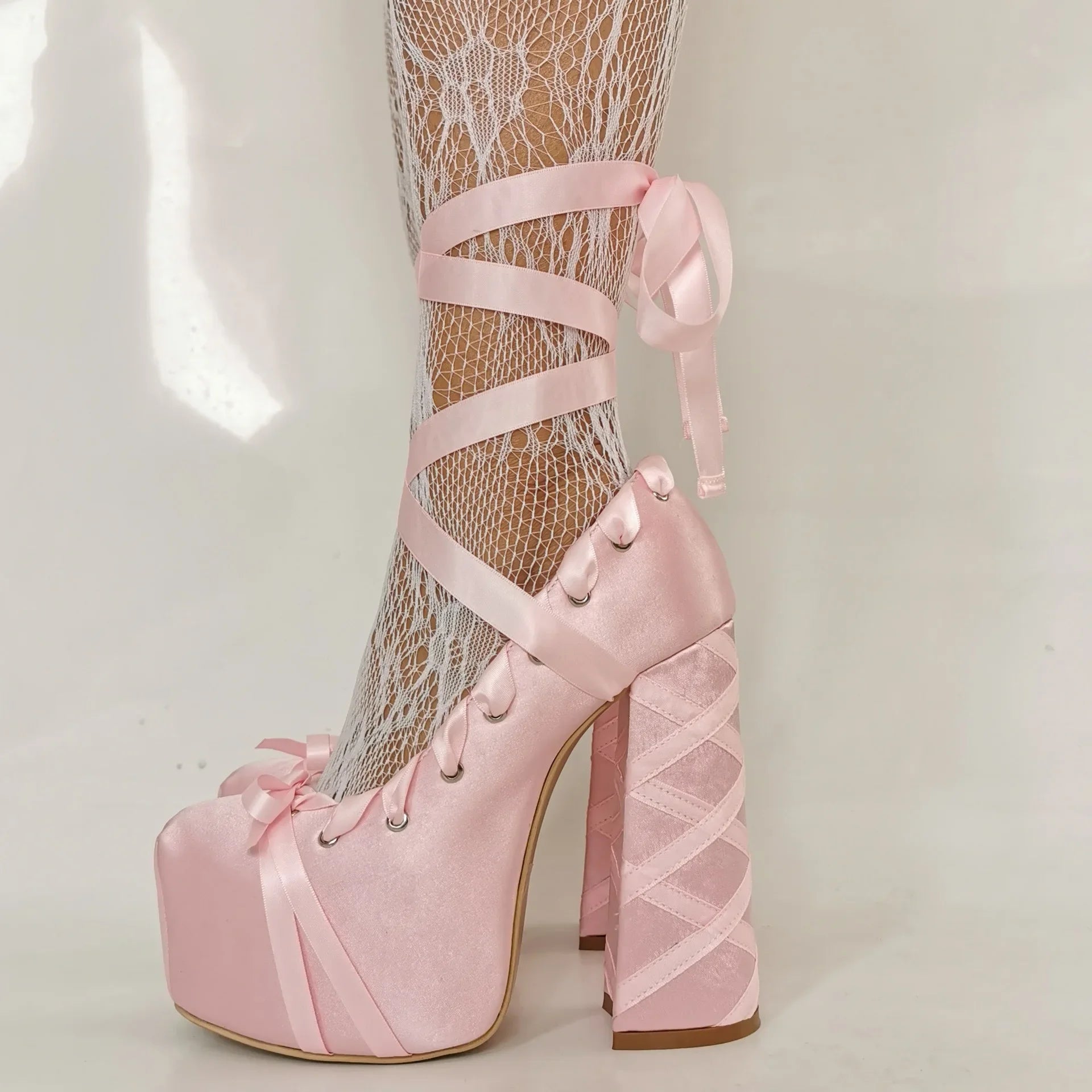 2025 Sweet Lolita Pink Bow Platform Sandals – Lace-Up Satin Strappy Heels for Women