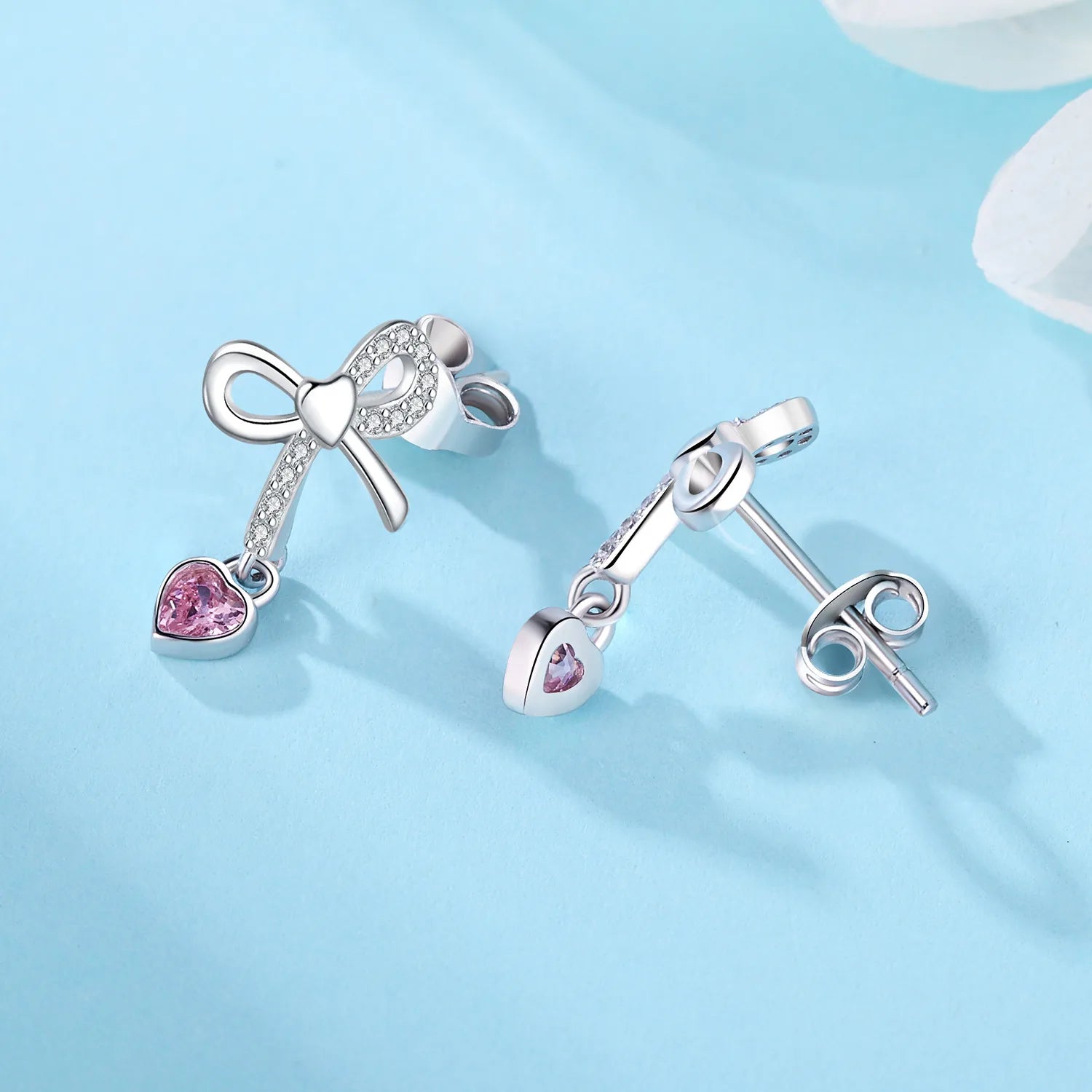 925 Sterling Silver Pink Heart Bow Stud Earrings – Elegant Gift for Women
