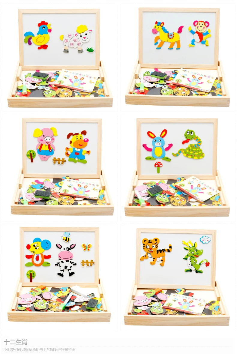 Wooden Multifunction Magnetic Drawing Board – Animal Puzzle Learning Toy for Kids
