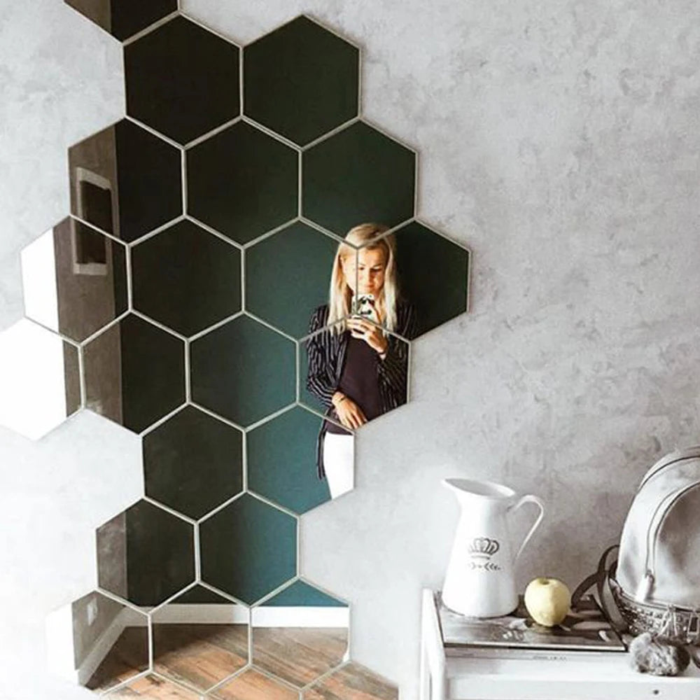 6/12pcs 3D Hexagon Mirror Wall Stickers – Rose Gold DIY Home & TV Background Decor