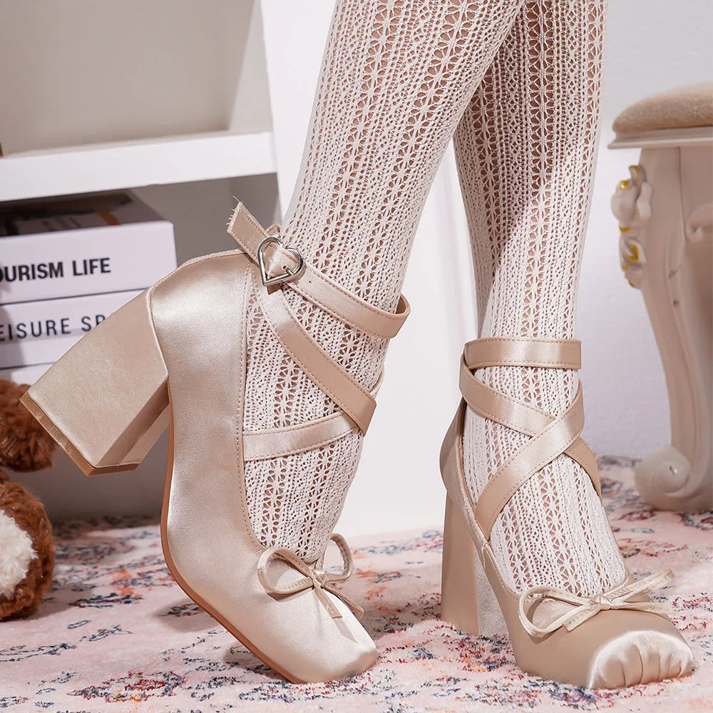 2025 Satin Pink Lolita Block Heels – Cute Cross-Strap Mary Janes for Women, Sweet Ballet Wedding Pumps