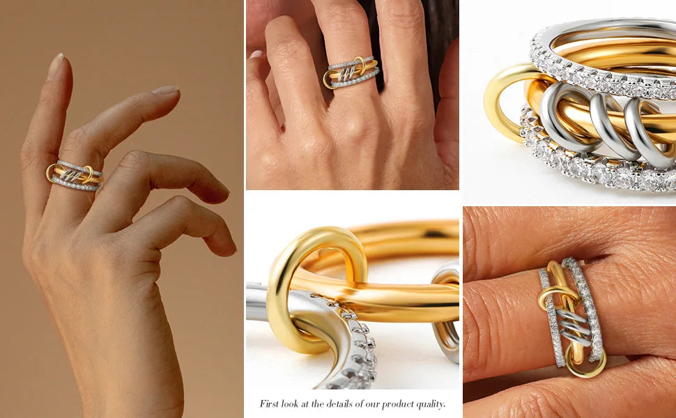 Stainless Steel Cubic Zirconia Stackable Ring – 18K Gold Plated Multi-Link Statement Jewelry for Women