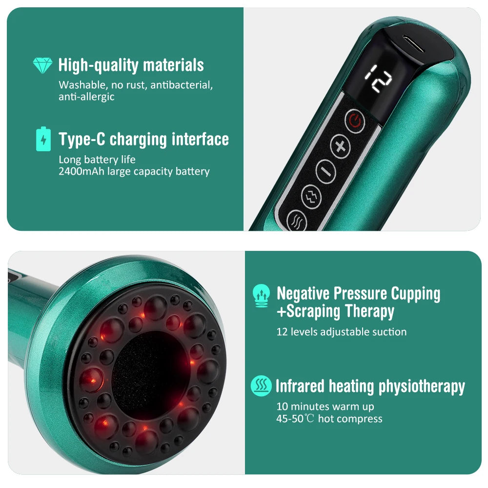 Electric Cupping Massager 6/12 Gear Vacuum Gua Sha Device – Anti-Cellulite Suction Heat Therapy Body Slimming Tool