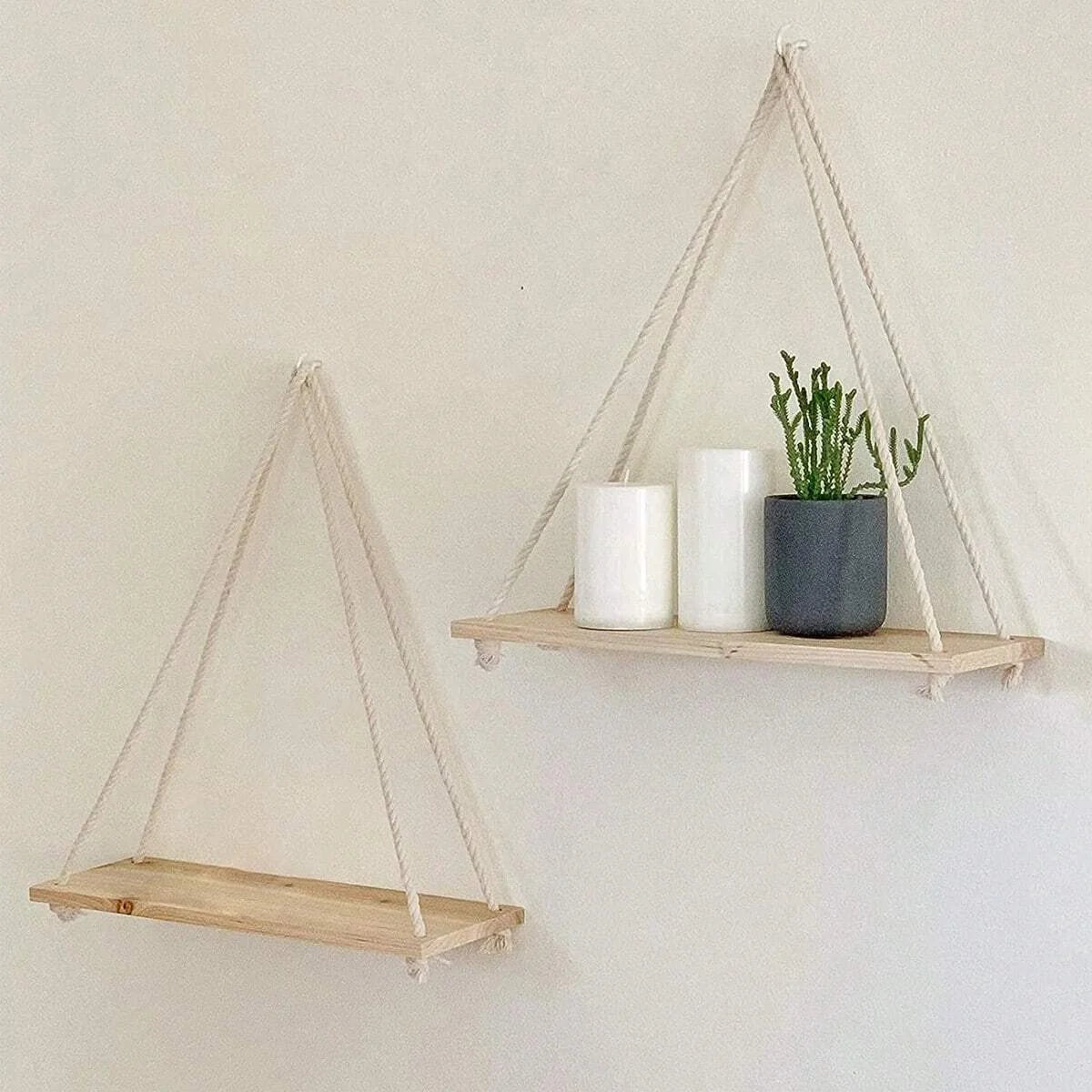 Wooden Swing Floating Shelf – Hemp Rope Hanging Wall Shelf for Plants & Home Decor