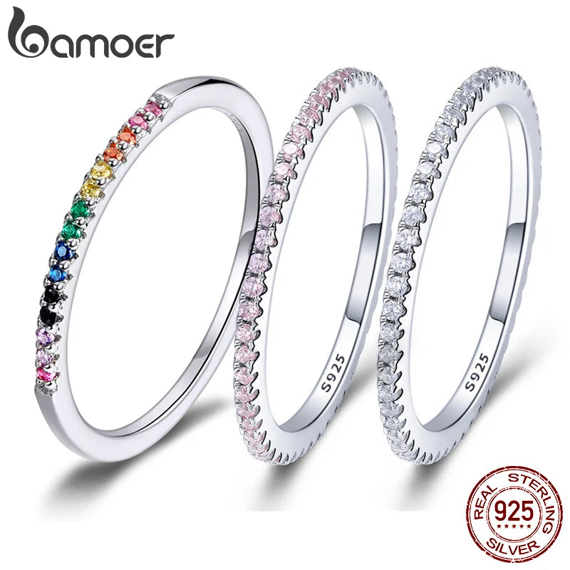 BAMOER 925 Sterling Silver Stackable Rings – Gold-Plated Simulated Diamond CZ Eternity Bands for Women