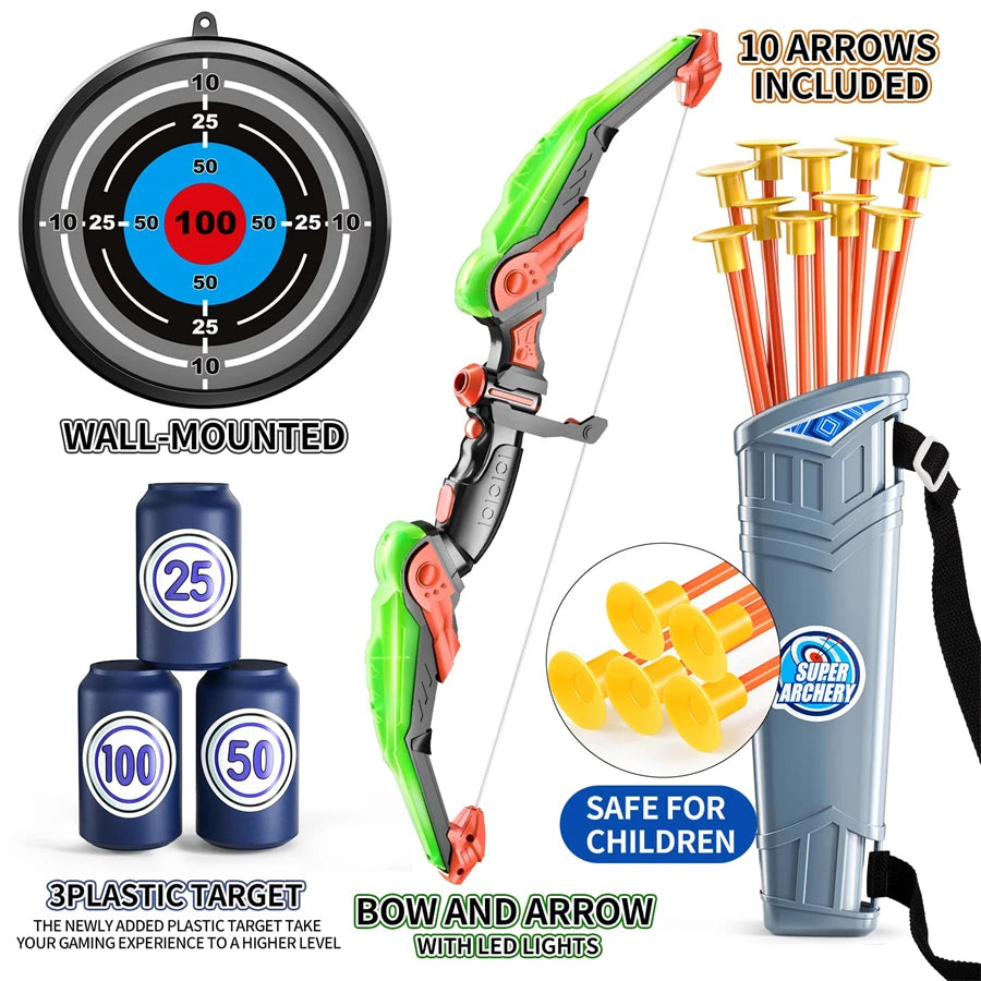 Kids LED Bow and Arrow Set – Light-Up Archery Toy with Target & Suction Arrows