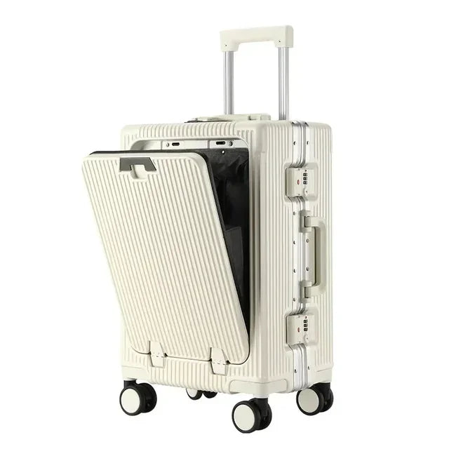 Front Opening Aluminum Frame Rolling Luggage – Large Capacity ABS+PC Trolley Suitcase with USB Charging