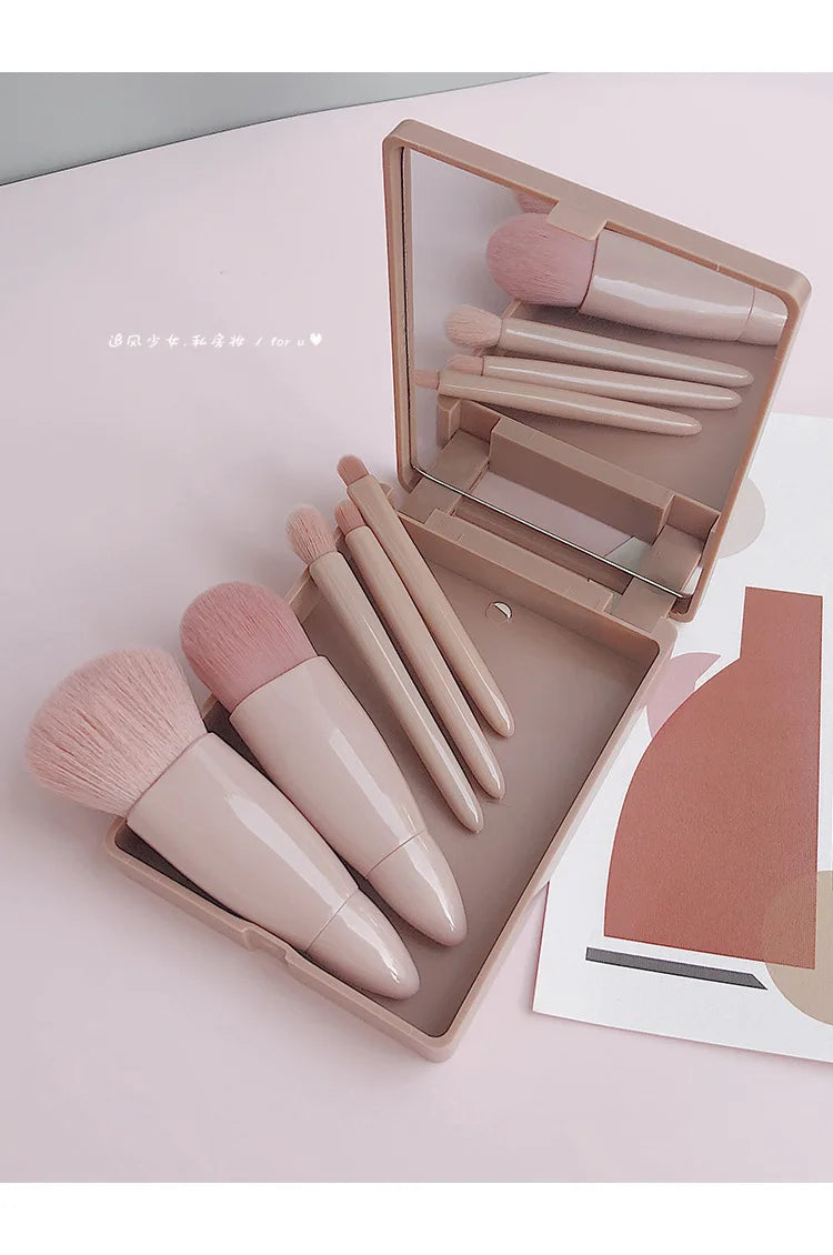 5PCS Pink Mirror Case Makeup Brush Set – Mini Travel Beauty Brushes