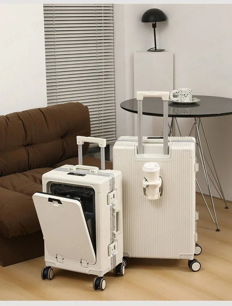 Front Opening Aluminum Frame Rolling Luggage – Large Capacity ABS+PC Trolley Suitcase with USB Charging