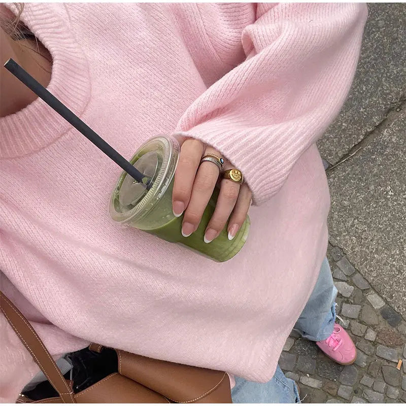 Tossy Pink Knit Sweater – Y2K Patchwork Loose Pullover for Women