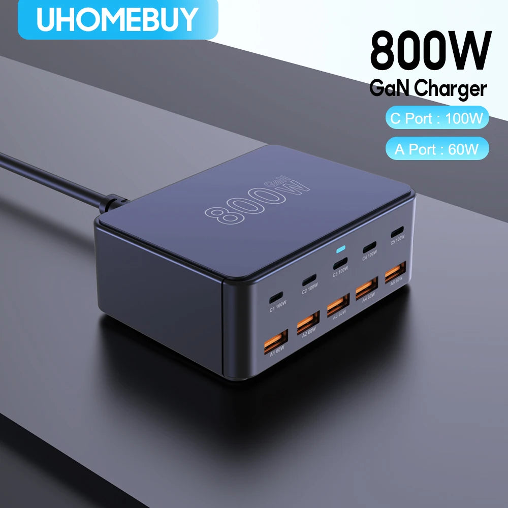 800W GaN USB-C Charger – 100W PD3.0 PPS QC3.0 Multiport Fast Charging Station for iPhone 15/16, Samsung, MacBook & Laptops