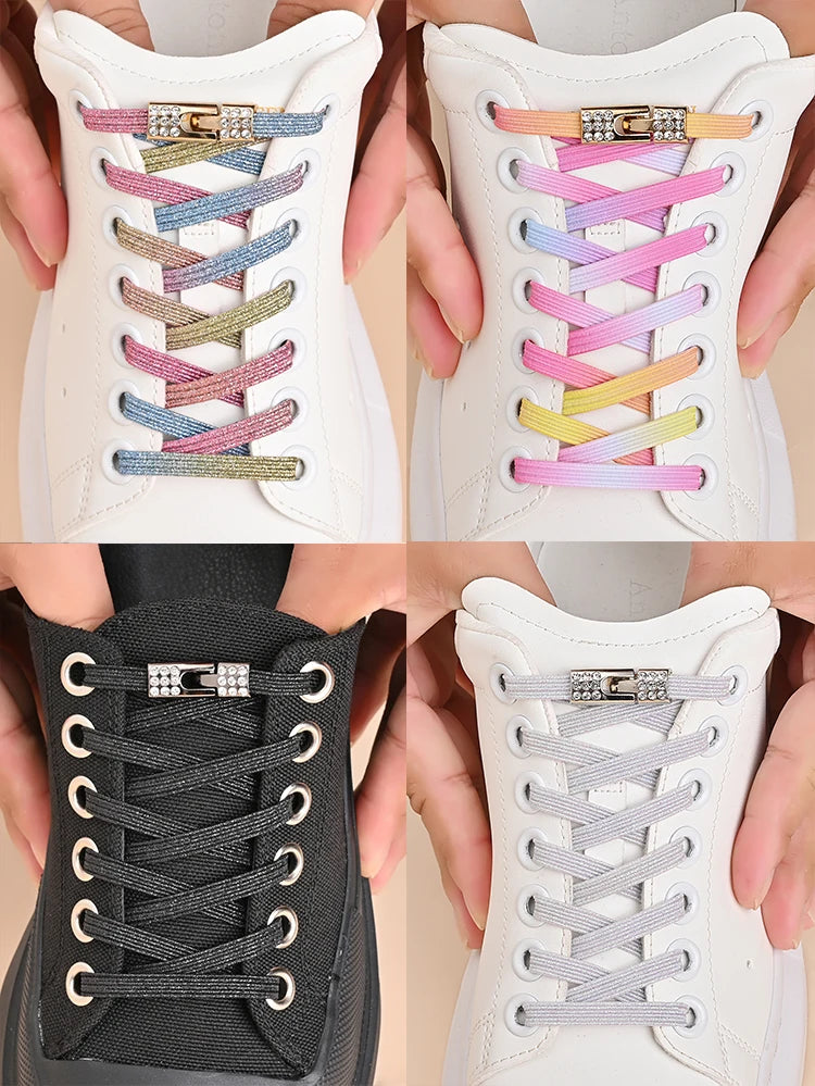 1Pair No Tie Shoe Laces Diamond Buckle Elastic Lace Shoelaces Pearl Light Colorful Fashion Without Ties Laces Sneaker Kids Adult