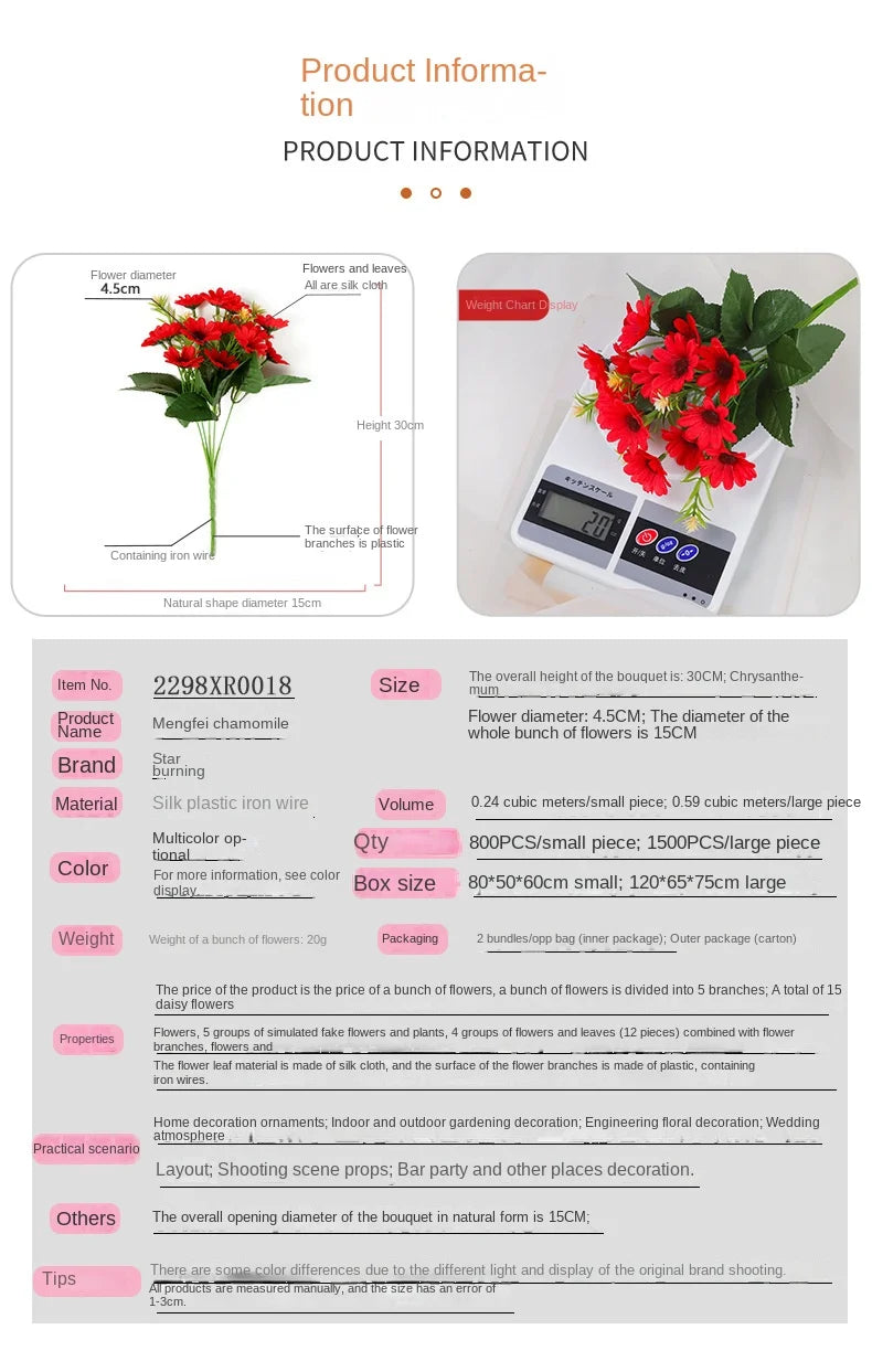 5 Fork 15-Head Artificial Daisy & Chamomile Flower Stems – Wedding & Home Party Decor