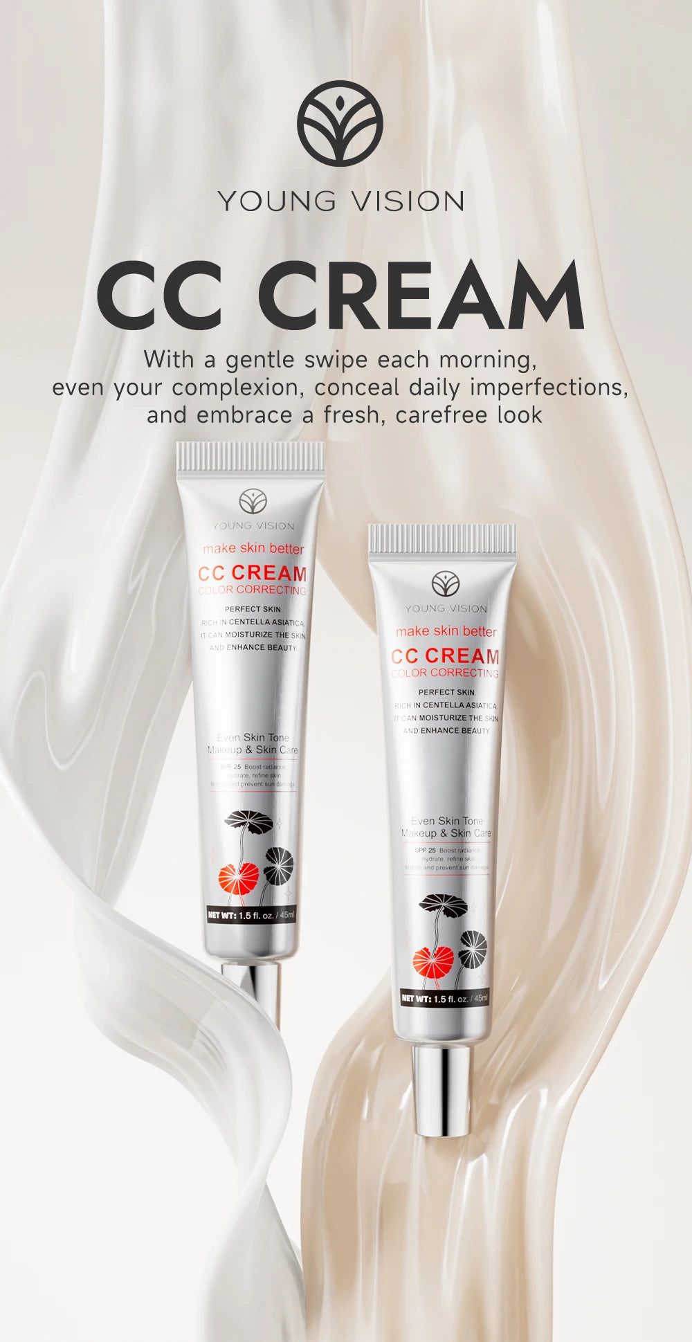 2-Color Brightening CC Cream with Puff – Even Skin Tone & Conceal Pores, Women’s Makeup Cosmetics