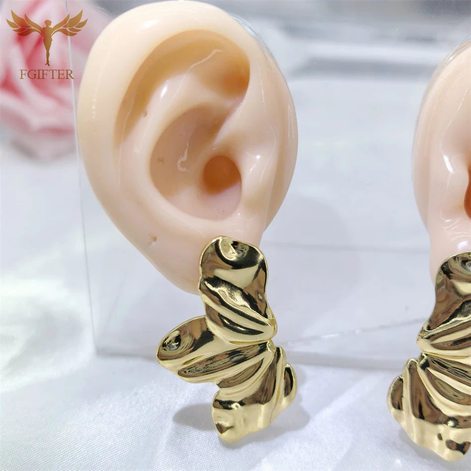 Hyperbole Chunky Earrings Wrinkle Flower Leaf Design Stud Earings Women Golden Stainless Steel Jewelry Accessories Gifts for Her