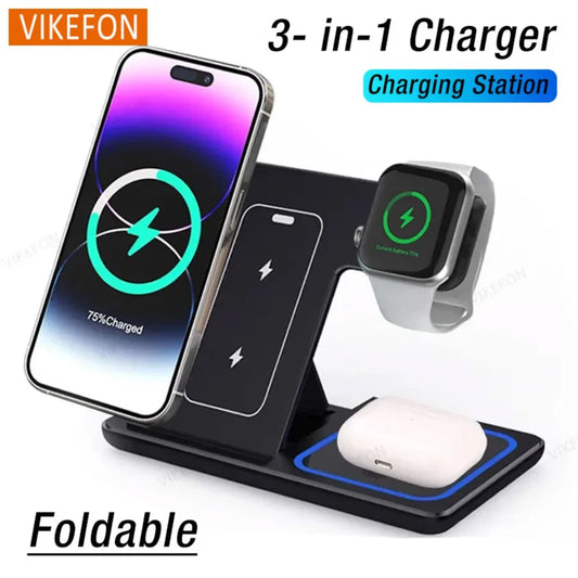 Foldable Wireless Charger Station for iPhone, Apple Watch & AirPods Fast Charging Dock