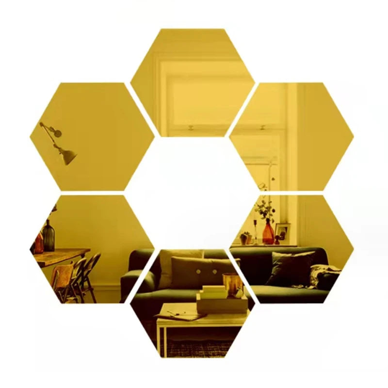 6/12pcs 3D Hexagon Mirror Wall Stickers – Rose Gold DIY Home & TV Background Decor