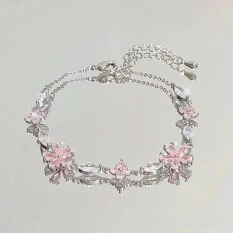 Y2K Pink Crystal Flower Bracelet – Elegant Zircon Blossom Jewelry for Women