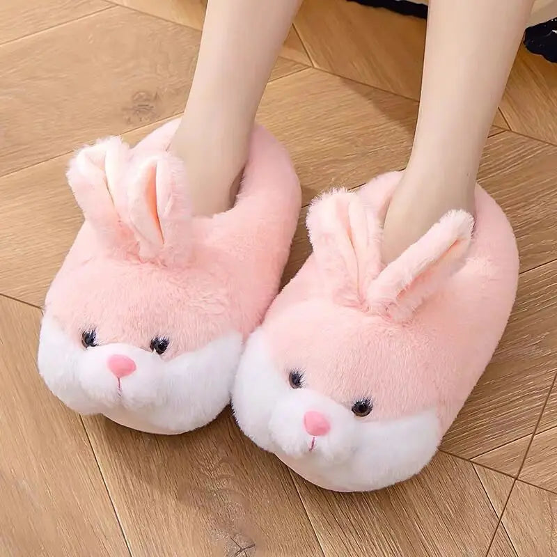 Cute Pink Rabbit Plush Slippers – Warm Winter Indoor Shoes for Women & Girls
