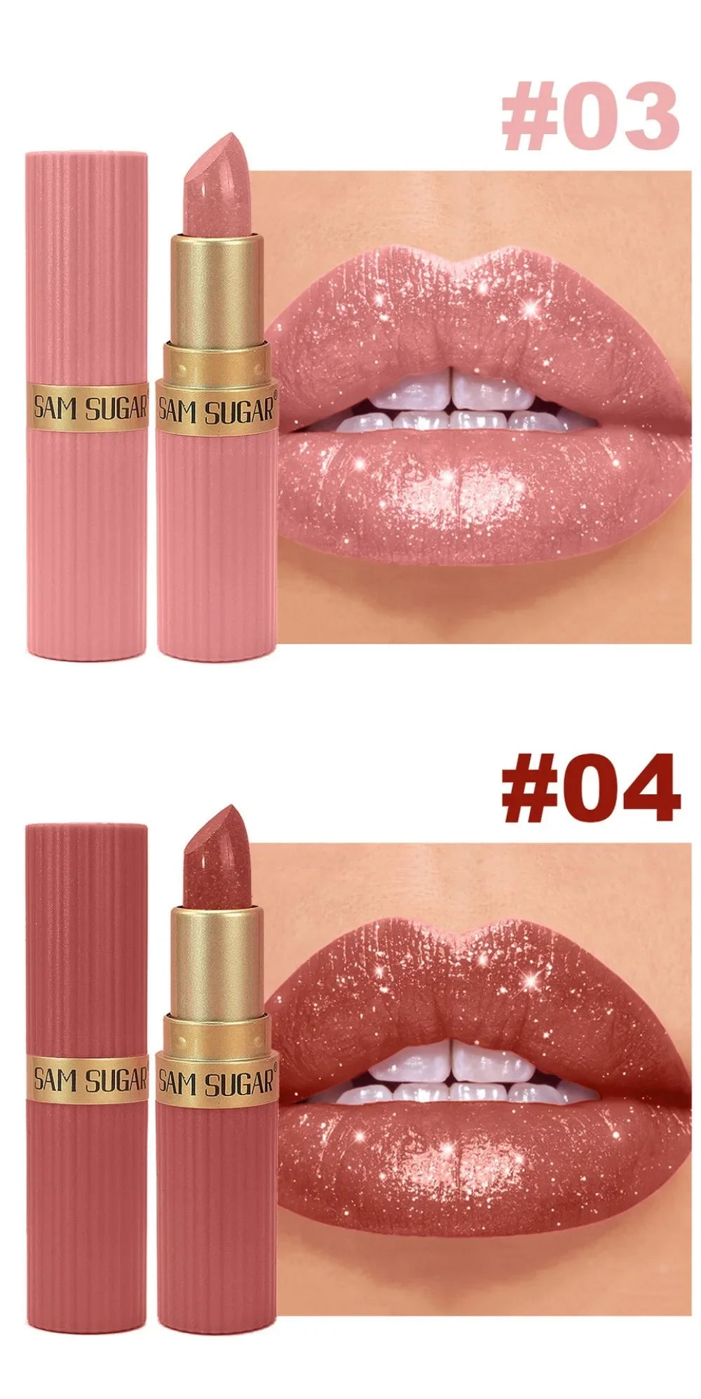 Nude Pink Metallic Glitter Lipstick – Long-Lasting Waterproof Shimmery Lip Gloss
