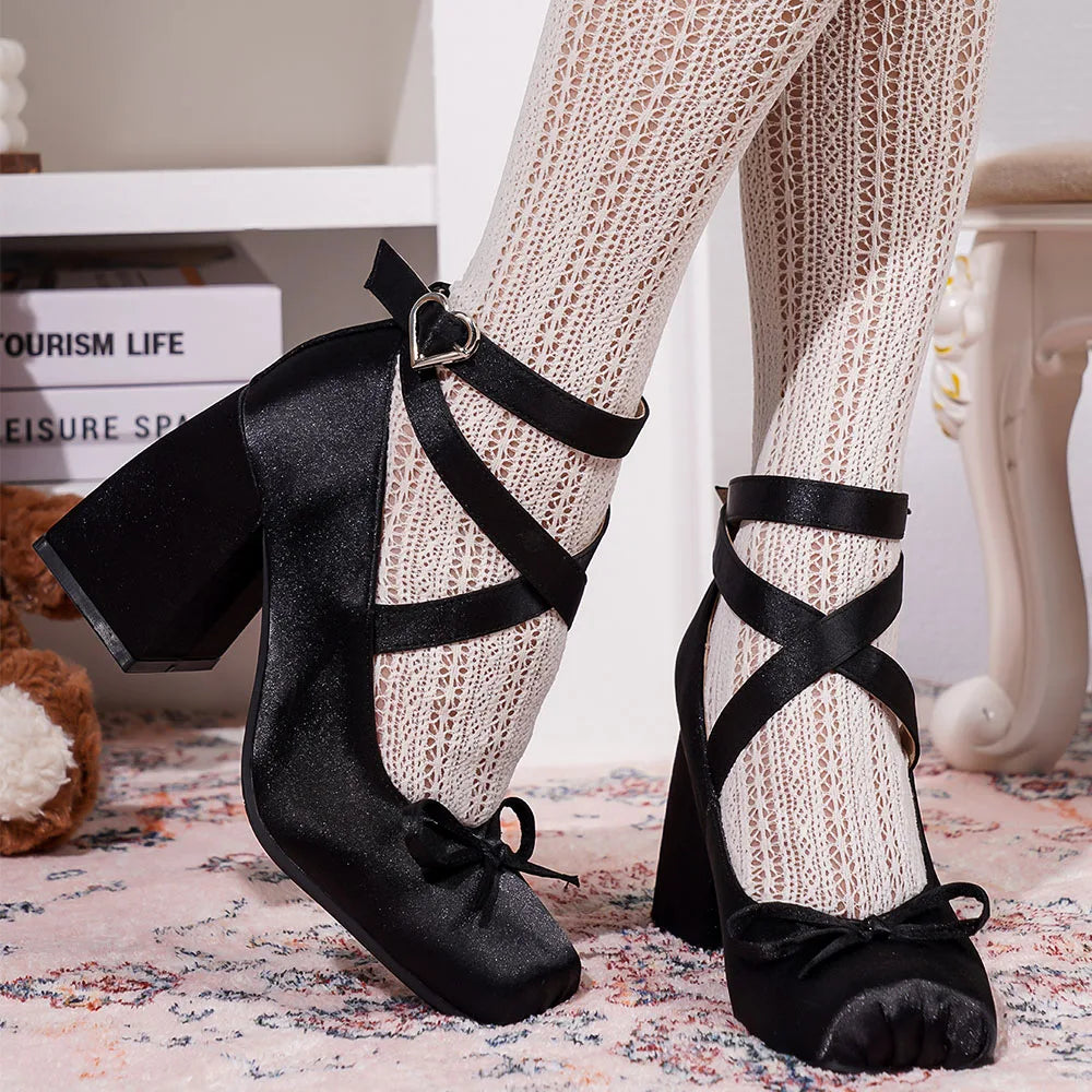 2025 Satin Pink Lolita Block Heels – Cute Cross-Strap Mary Janes for Women, Sweet Ballet Wedding Pumps