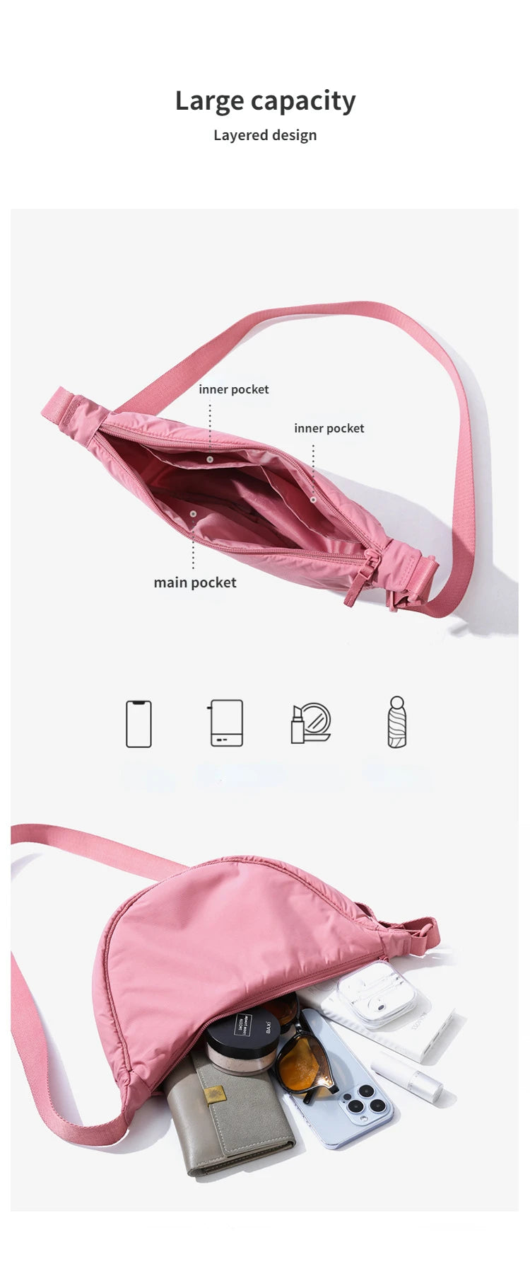 Solid Color Women’s Nylon Shoulder Bag – Portable Padded Crossbody Messenger Travel Handbag