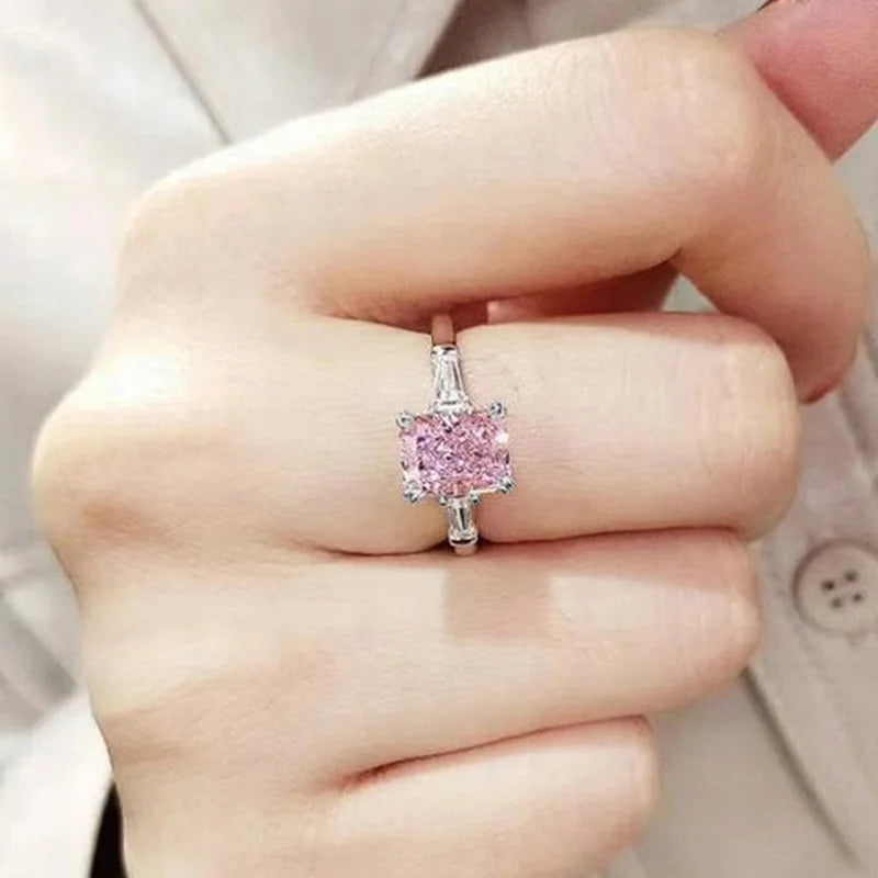 Square Pink Zirconia Wedding Ring – 925 Sterling Silver Romantic Bridal Jewelry