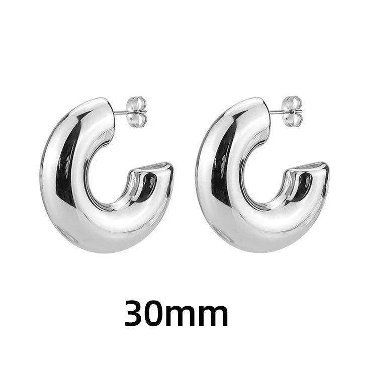Classic Gold-Plated Chunky Hoop Earrings – Smooth Round C-Shape Stainless Steel Fashion Jewelry for Women
