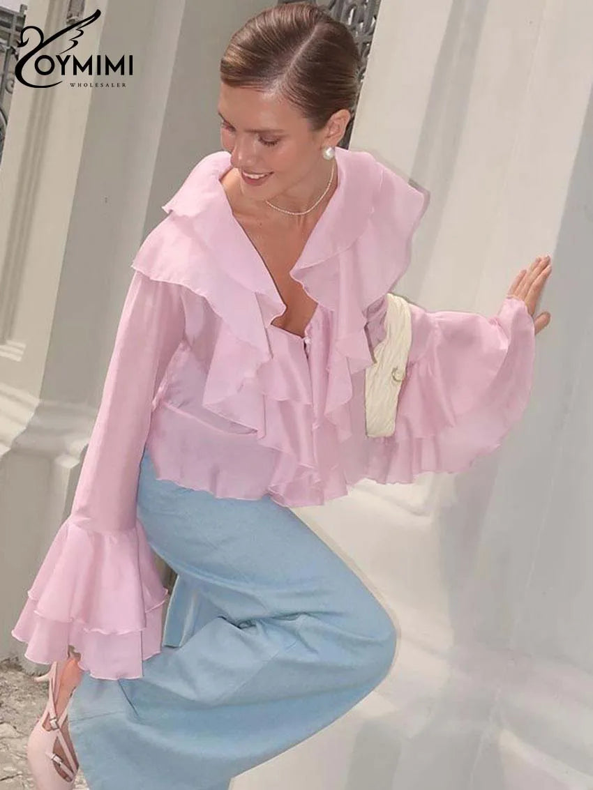 Elegant Pink Ruffled V-Neck Blouse – Petal Sleeve Women’s Fashion Shirt