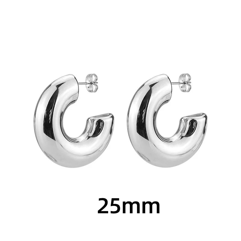 Classic Gold-Plated Chunky Hoop Earrings – Smooth Round C-Shape Stainless Steel Fashion Jewelry for Women