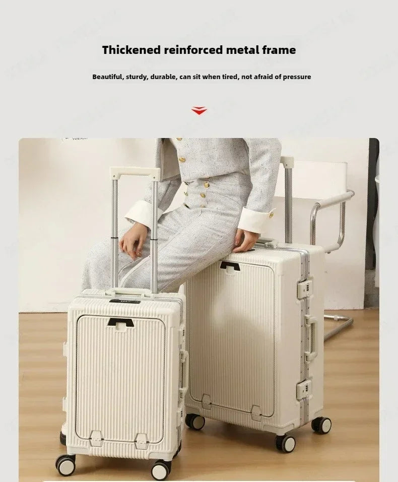 Front Opening Aluminum Frame Rolling Luggage – Large Capacity ABS+PC Trolley Suitcase with USB Charging