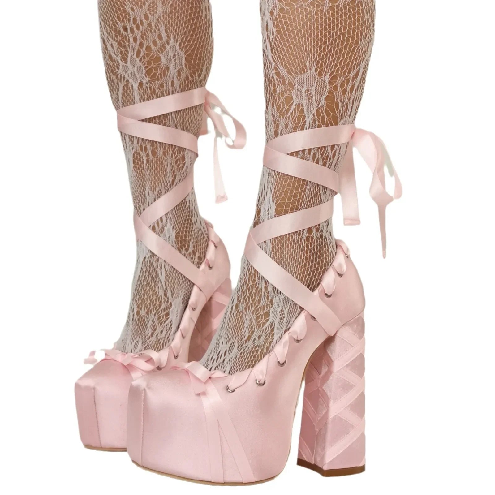 2025 Sweet Lolita Pink Bow Platform Sandals – Lace-Up Satin Strappy Heels for Women