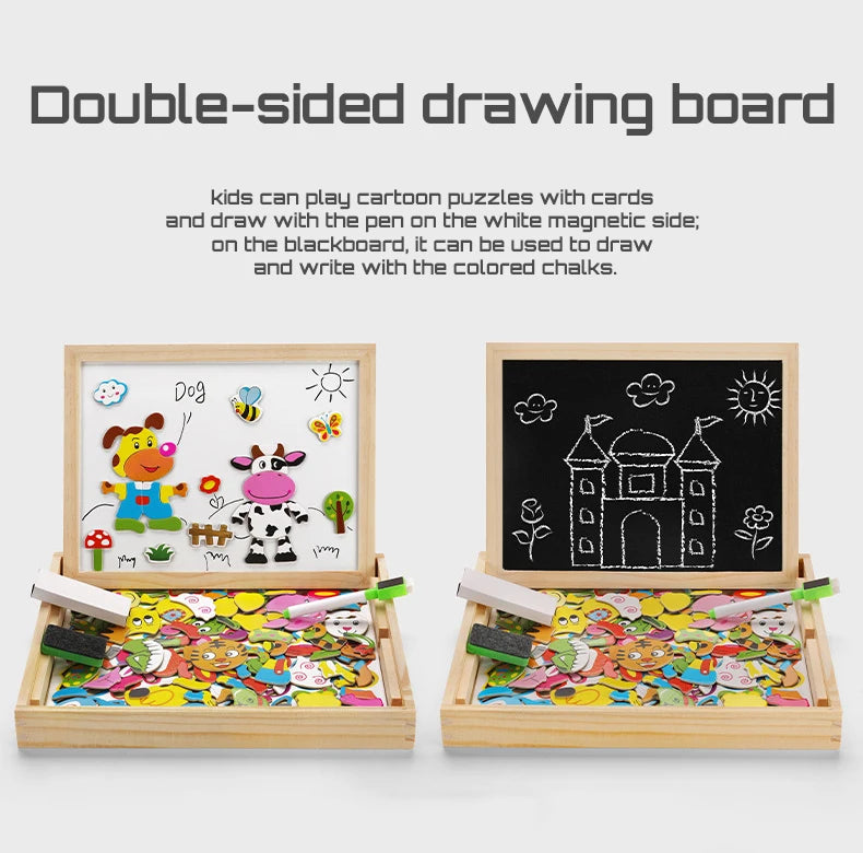 100+Pcs Wooden Magnetic Animal Puzzle Board – Multifunction Learning Drawing Toy for Kids Education & Creativity