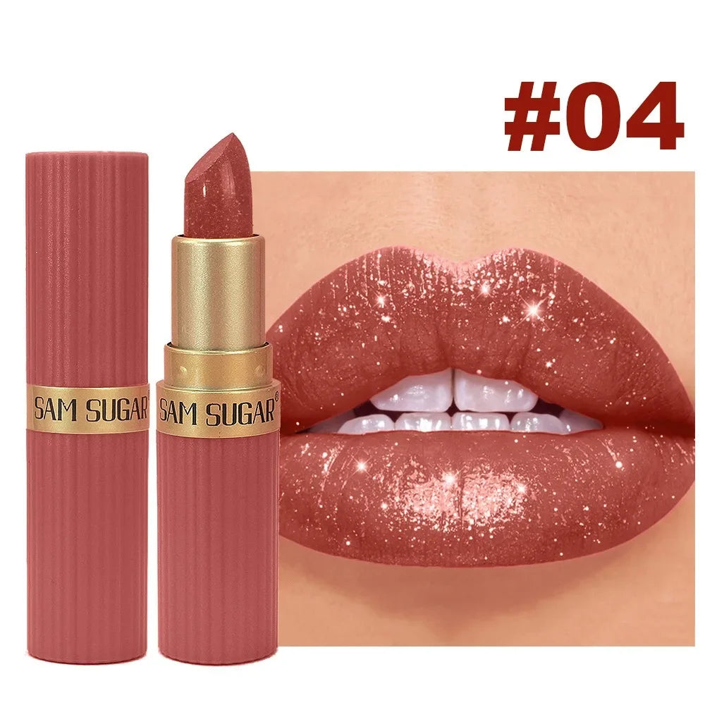 Nude Pink Metallic Glitter Lipstick – Long-Lasting Waterproof Shimmery Lip Gloss