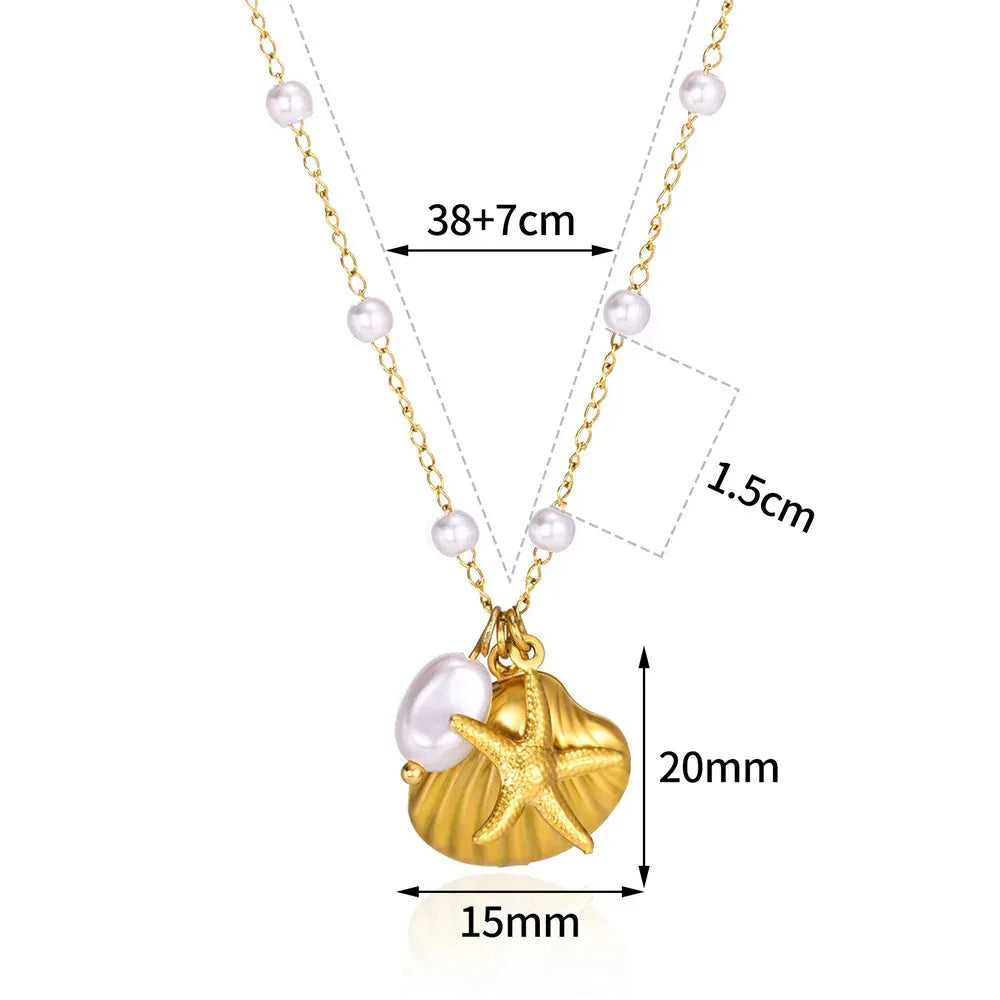 14k Gold Plated Women’s Shell Necklace – Layered Starfish & Seashell Pearl Charm Jewelry