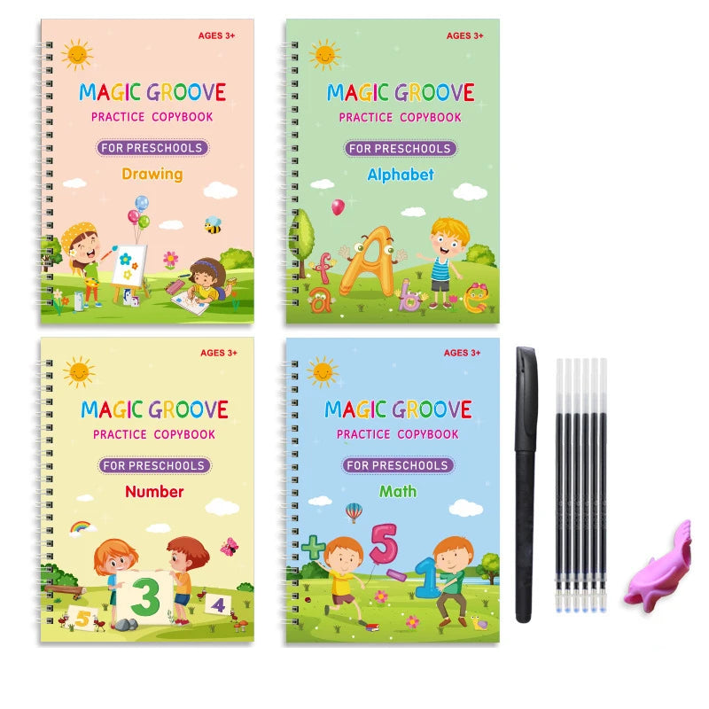 Magic Reusable Handwriting Copybook Set – 4Pcs Tracing Practice Books for Kids Learning Calligraphy & Writing
