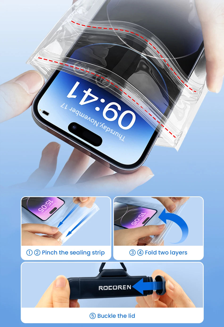 Rocoren Waterproof Phone Case for iPhone 14 13 Pro Samsung Xiaomi Universal Water Proof Phone Pouch Transparent Protection Cover