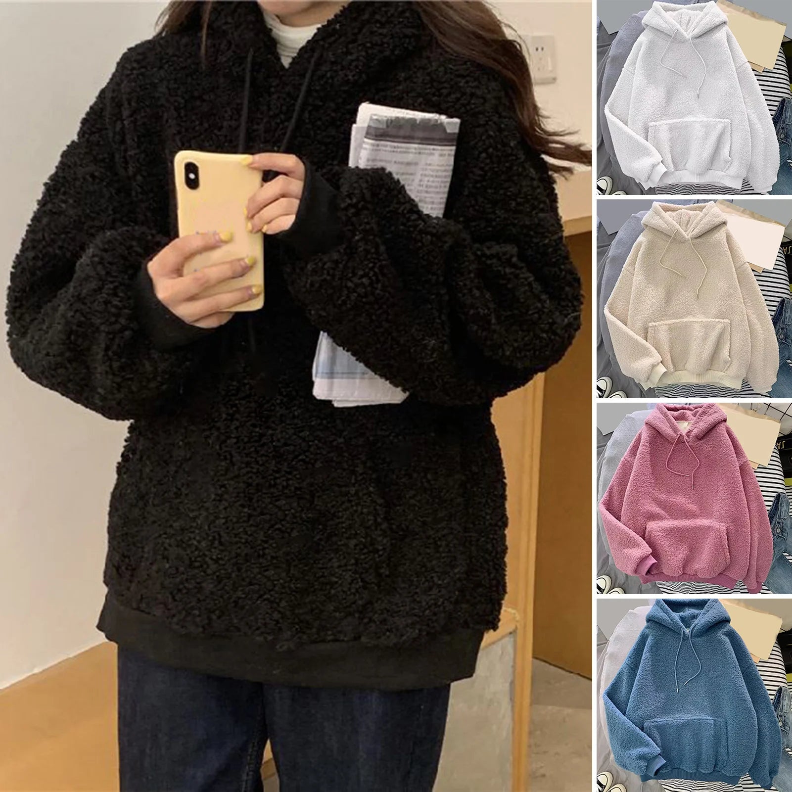 Pink Hooded Harajuku Sweatshirt – Autumn/Winter Fleece Pullover for Women