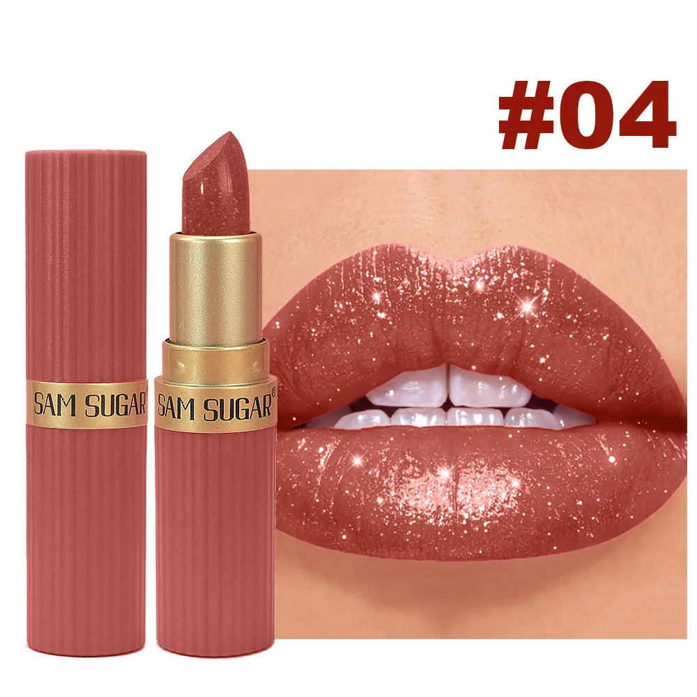 Pearlescent Pink Glitter Velvet Lipstick – Metallic, Waterproof, Long-Lasting Matte Shimmer Diamond Lipstick