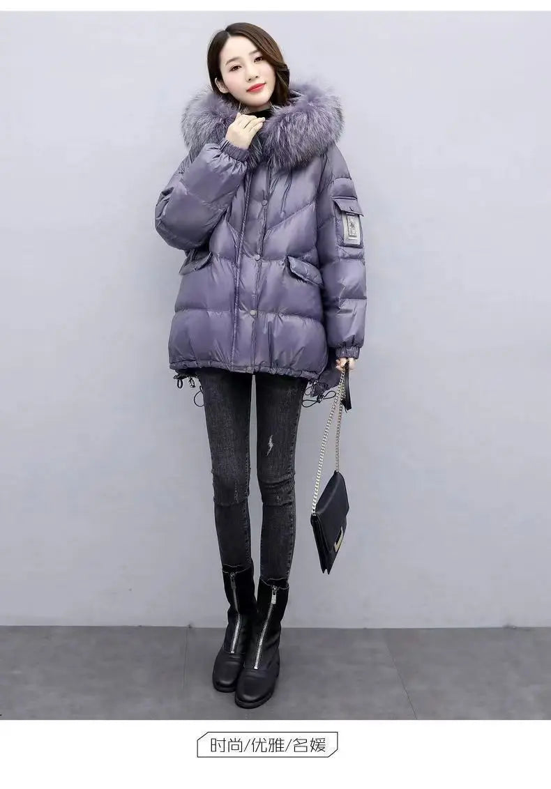 2025 Women’s Winter Down Cotton Jacket – Hooded Puffer Coat with Fur Collar