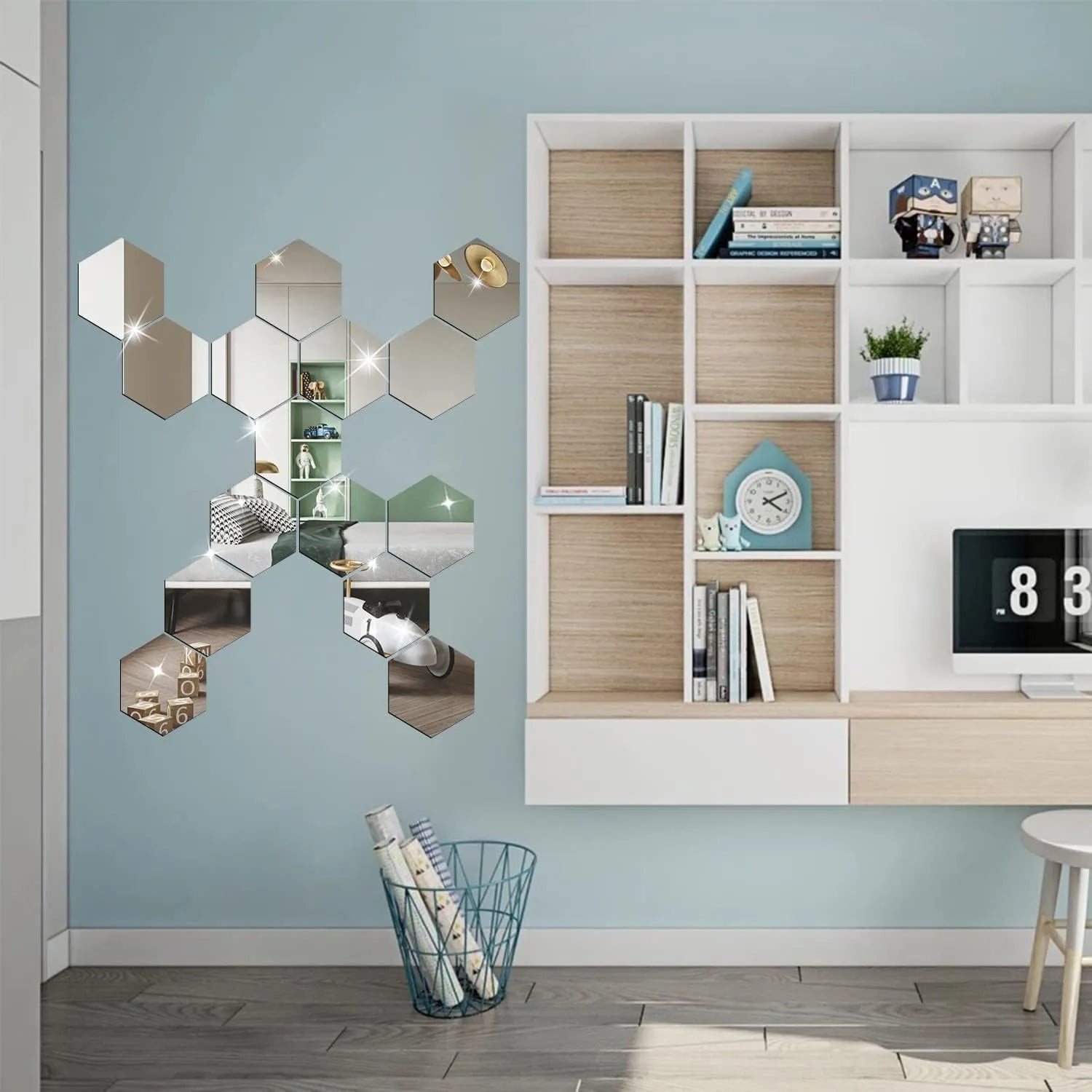 6/12pcs 3D Hexagon Mirror Wall Stickers – Rose Gold DIY Home & TV Background Decor