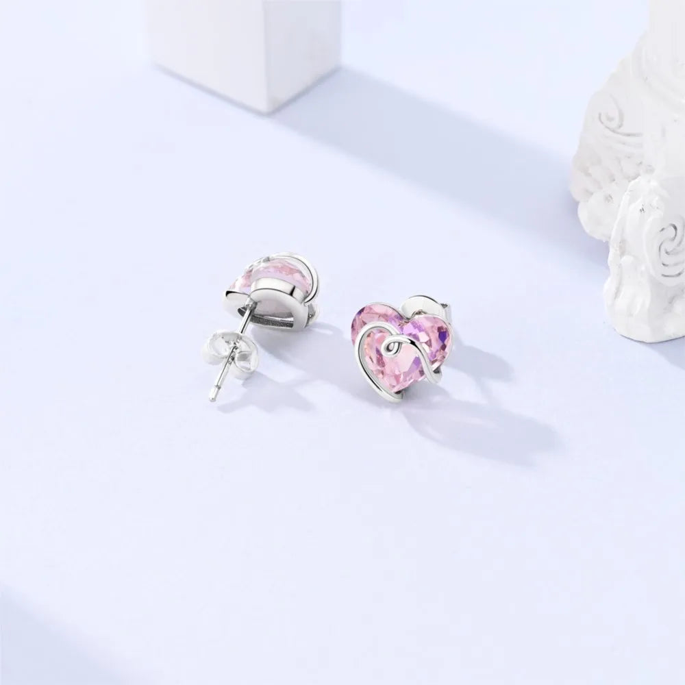 925 Sterling Silver Pink Heart Stud Earrings – Romantic Gift for Women