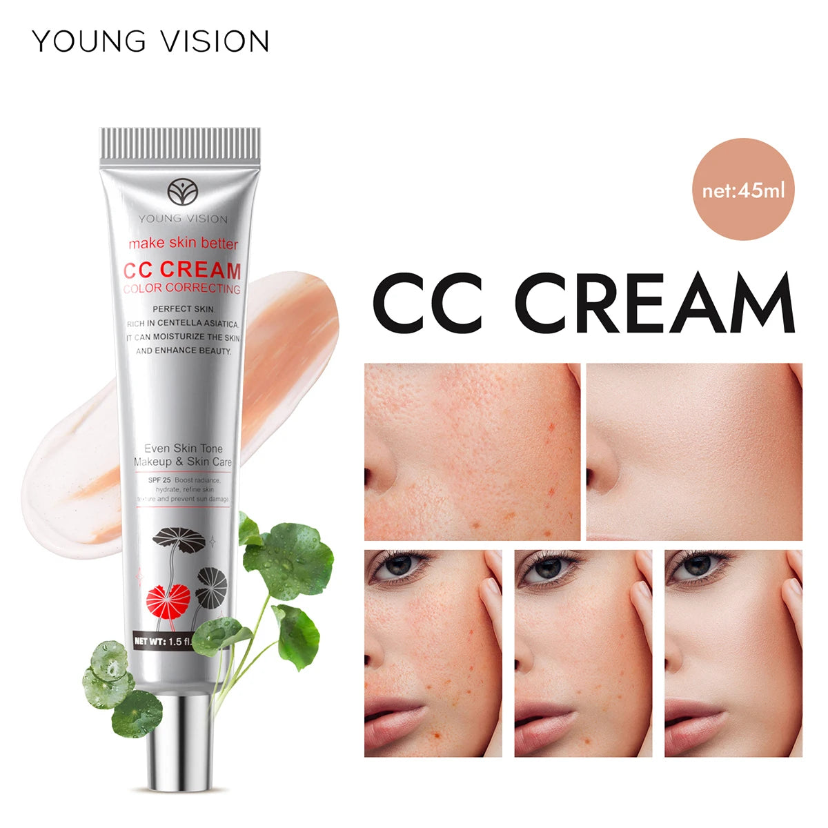 2-Color Brightening CC Cream with Puff – Even Skin Tone & Conceal Pores, Women’s Makeup Cosmetics