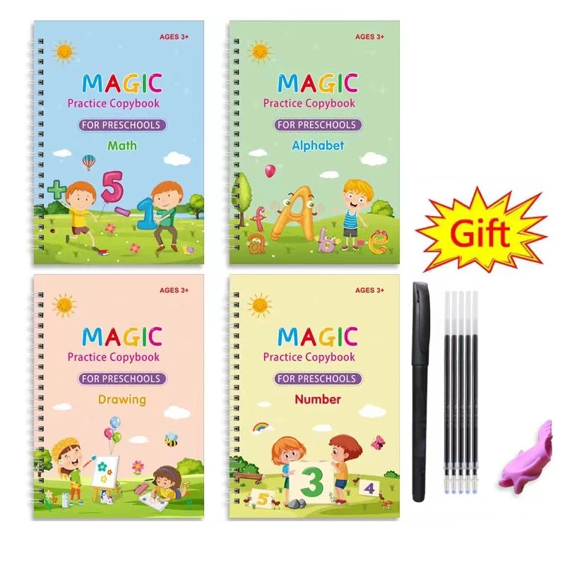 4pcs Magic Groove Copybook Set – Reusable Calligraphy Practice Books & Pen for Kids Learning English Writing
