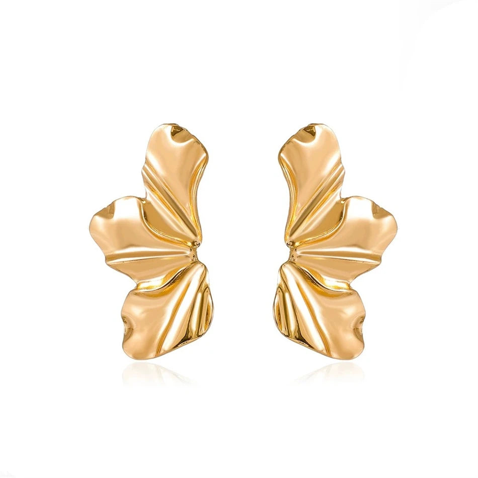 Hyperbole Chunky Earrings Wrinkle Flower Leaf Design Stud Earings Women Golden Stainless Steel Jewelry Accessories Gifts for Her